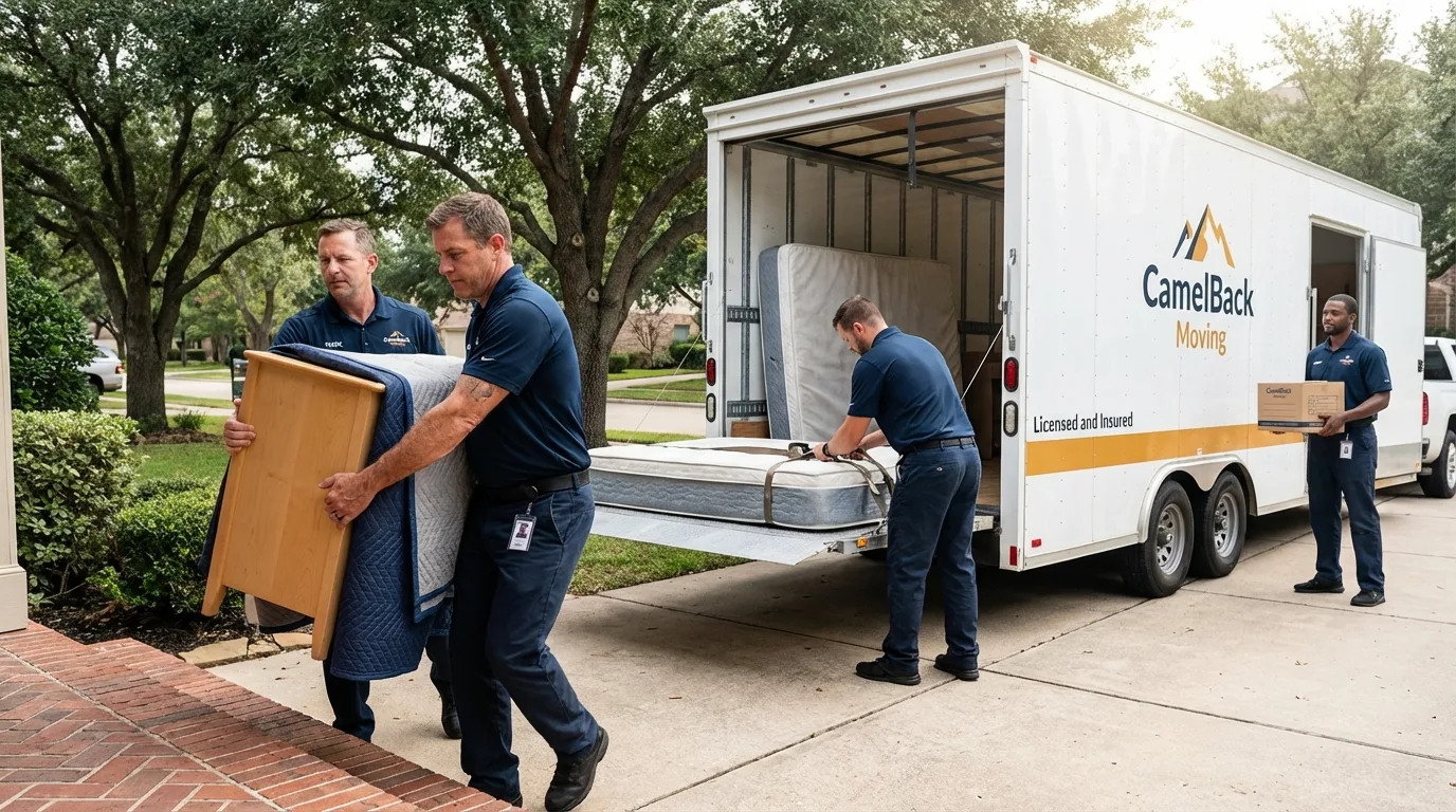 Crew loading residential truck for cross-state move from Pomona, CA