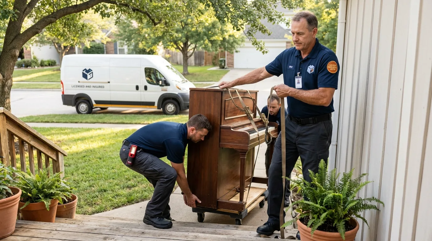 Licensed piano movers securing grand piano in Pomona, CA
