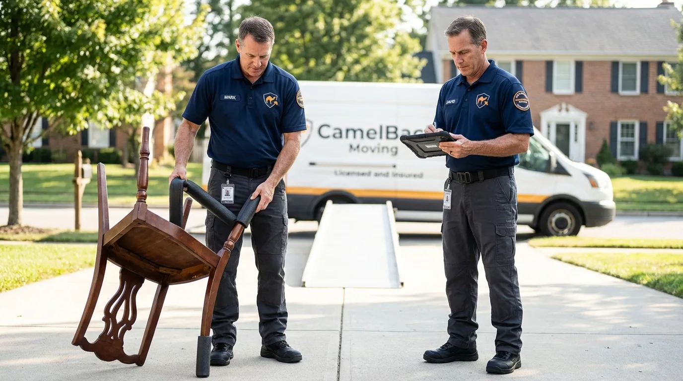 Movers inspecting furniture for damage prevention before loading in Pomona, CA