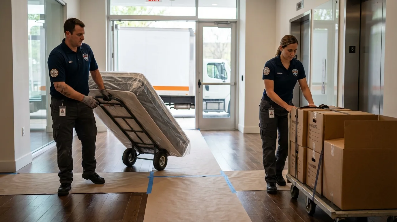 Professional apartment movers loading elevator in Pomona, CA