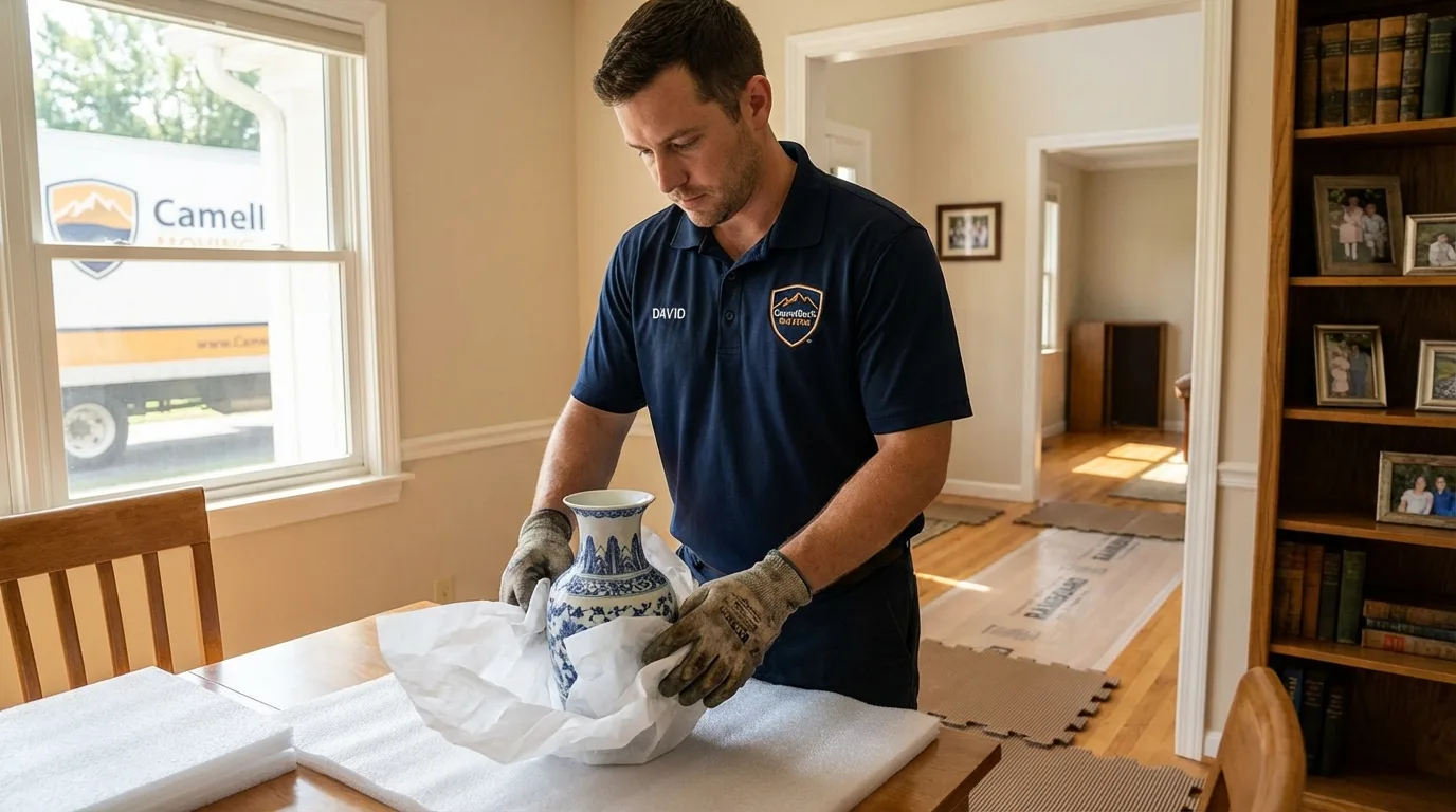Professional crew carefully wrapping antique vase for senior downsizing move in Pomona, CA